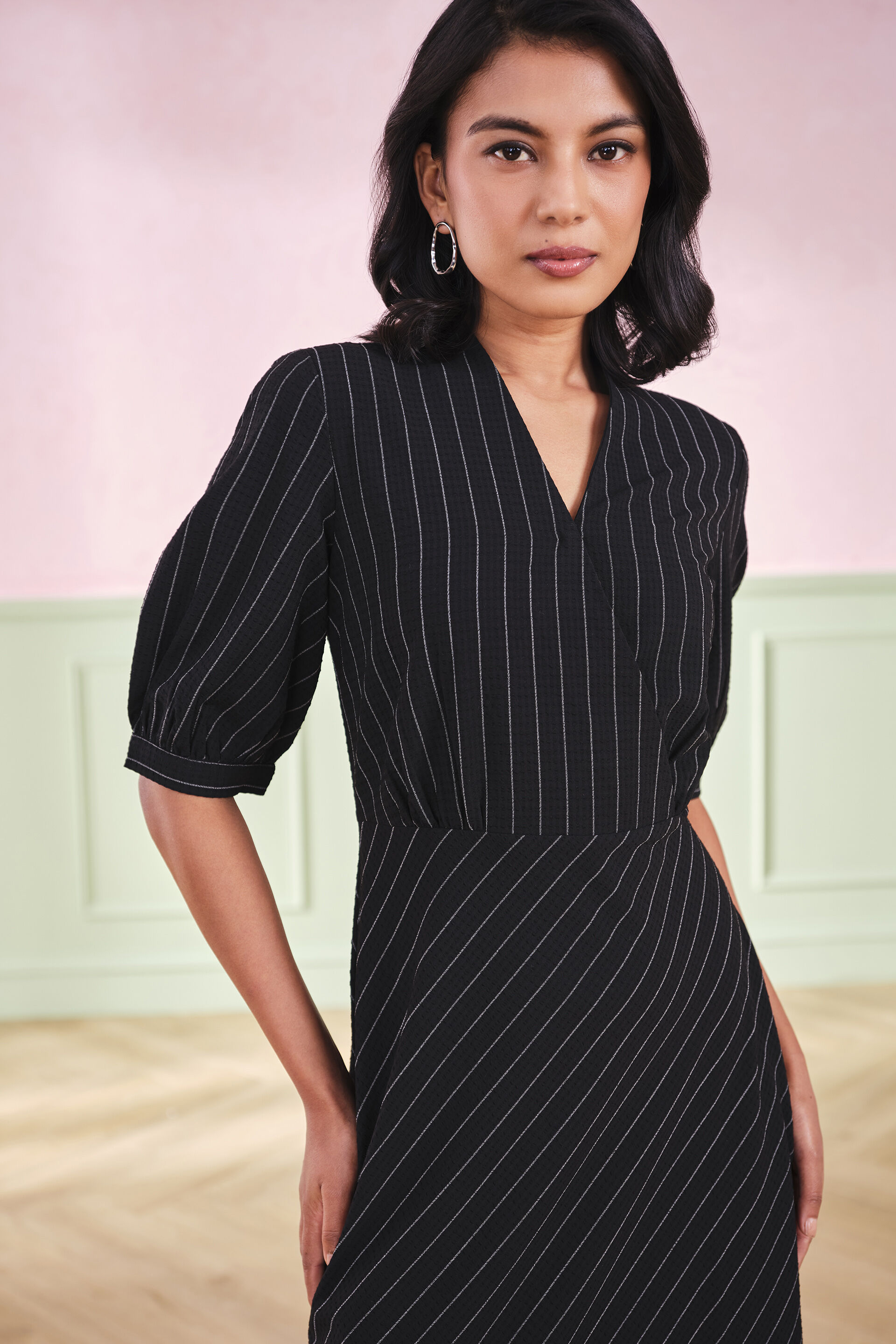 Shadow Striped Terry Blend Midi Dress, Black, image 3